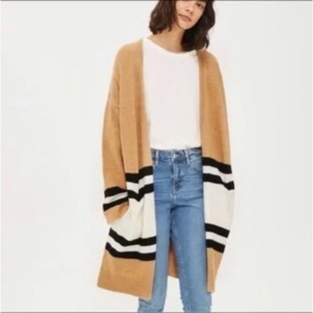 TOPSHOP Women’s Camel Ivory Black Stripes Open Front Cardigan Sweater Size 8
